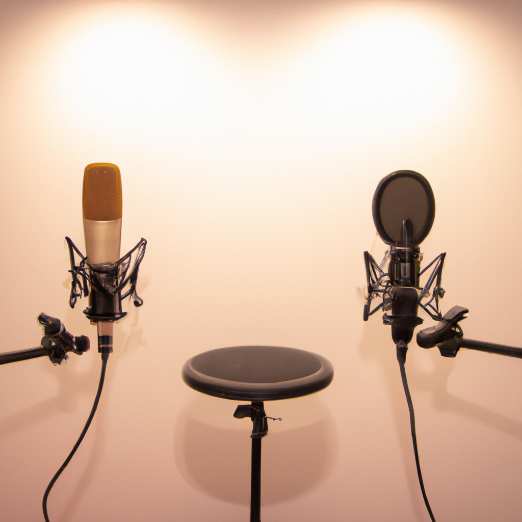 Bright two-person podcast studio with dual microphones, acoustic wall panels, and a clean table