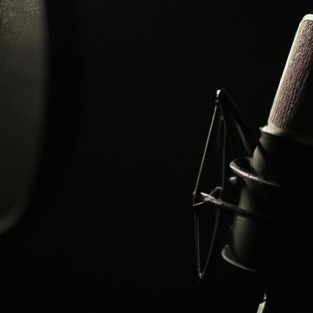 Close-up of microphone with pop filter and acoustic panel detail in a clean light-themed studio