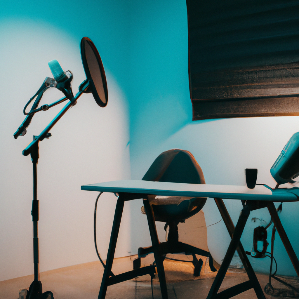 Minimalist podcast studio with acoustic panels, dual microphones, soft lighting, and a clean desk