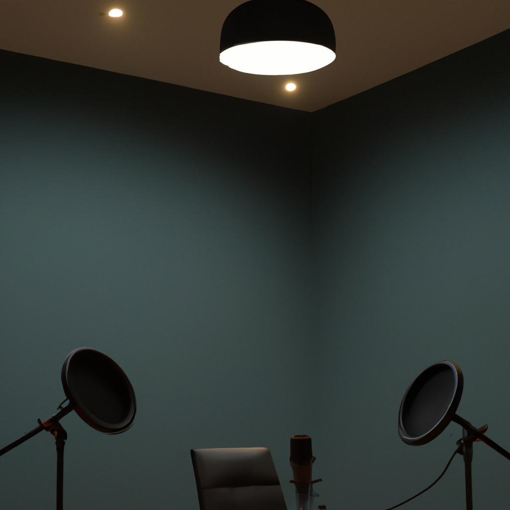 Modern minimal podcast room for a single host with acoustic panels and soft key light