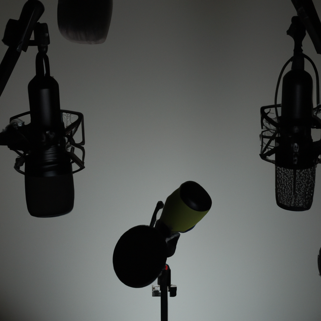 Premium podcast studio with three microphones, acoustic diffusers, and a minimalist camera-ready setup